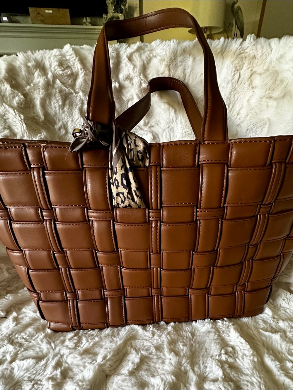 Coach Brown Woven Leather Tote with Leopard-Print Accent